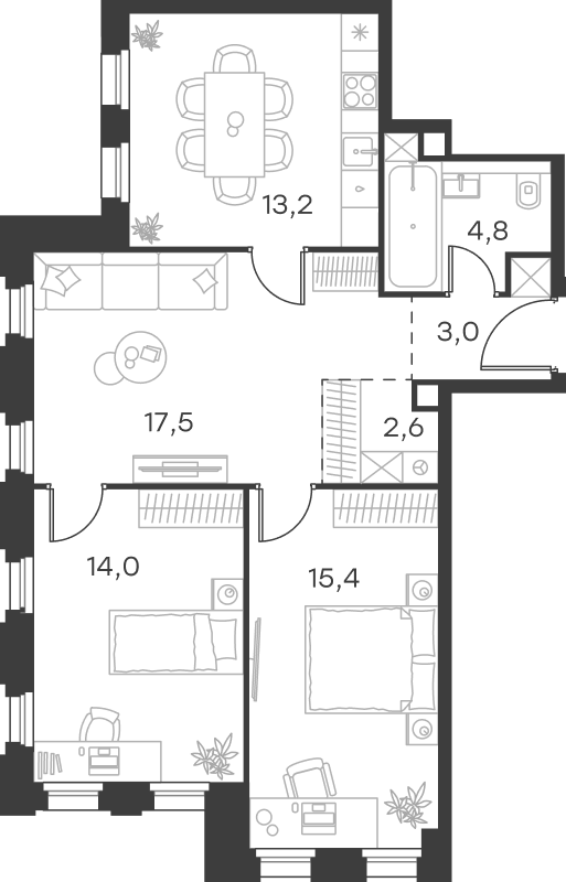 Планировка трёхкомнатная 70.5 м² в ЖК «Левел Селигерская», корпус 3