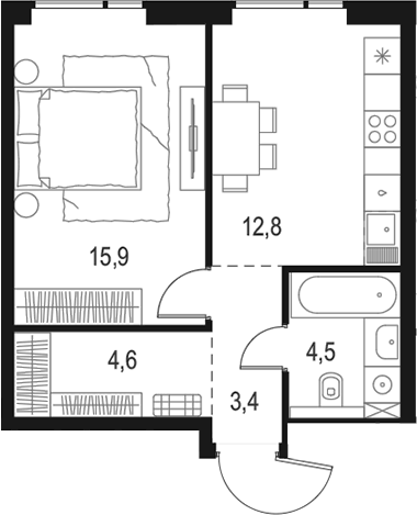 Планировка однокомнатная 41.2 м² в ЖК «Левел Войковская», корпус 4