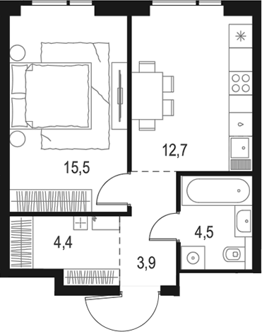 Планировка однокомнатная 41 м² в ЖК «Левел Войковская», корпус 4