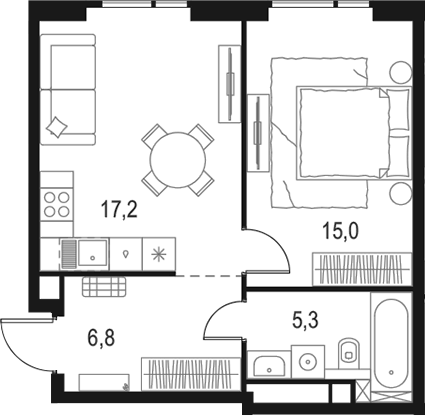 Планировка евродвушка (2Е) 44.3 м² в ЖК «Левел Войковская», корпус 3