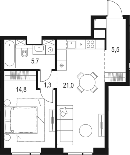 Планировка евродвушка (2Е) 48.3 м² в ЖК «Левел Войковская», корпус 4