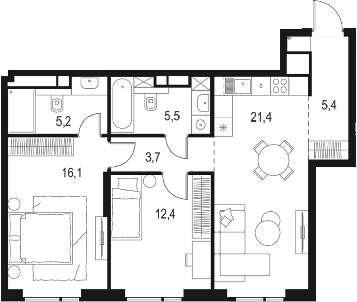 Планировка евротрёшка (3Е) 69.7 м² в ЖК «Левел Войковская», корпус 4
