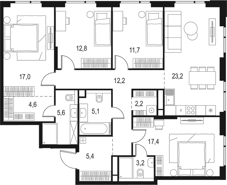 Планировка 5Е-к.кв 120.4 м² в ЖК «Левел Войковская», корпус 3