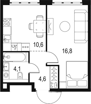 Планировка однокомнатная 36.1 м² в ЖК «Левел Южнопортовая», корпус 11
