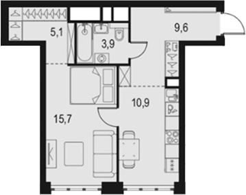 Планировка однокомнатная 45.2 м² в ЖК «Левел Южнопортовая», корпус 10
