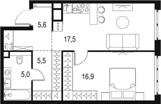 Планировка евродвушка (2Е) 50.5 м² в ЖК «Левел Южнопортовая», корпус 11