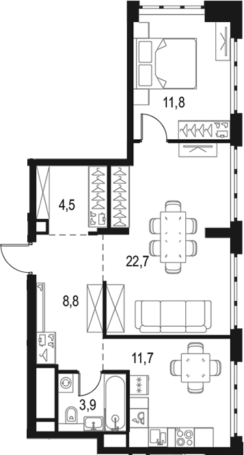 Планировка двухкомнатная 63.4 м² в ЖК «Левел Южнопортовая», корпус 9