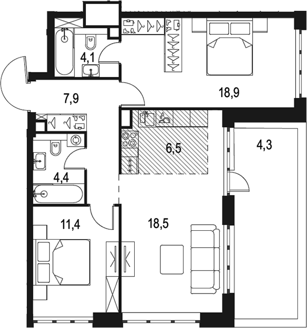 Планировка евротрёшка (3Е) 76 м² в ЖК «Левел Южнопортовая», корпус 2