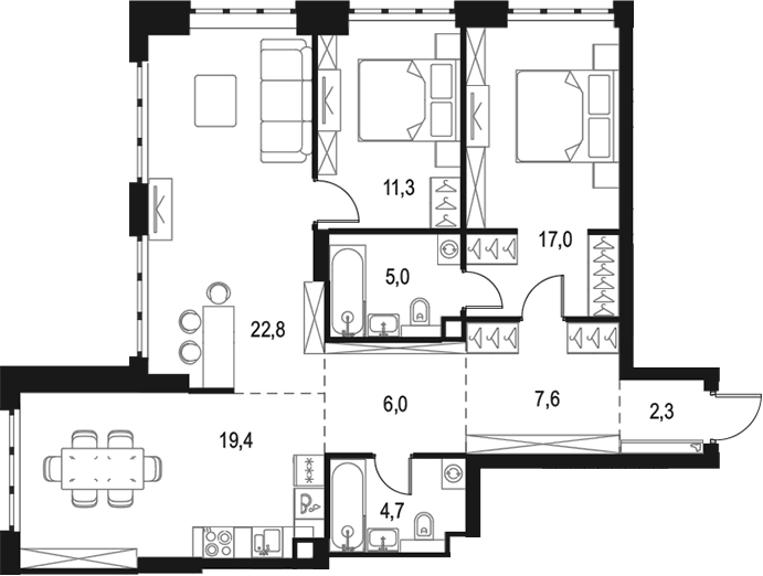 Планировка евротрёшка (3Е) 96.1 м² в ЖК «Левел Южнопортовая», корпус 9