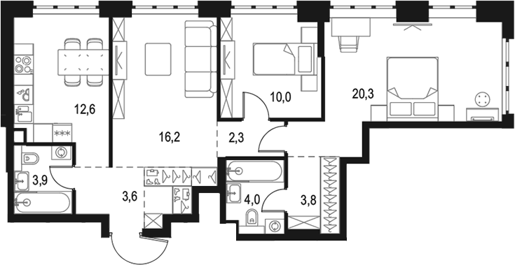Планировка трёхкомнатная 79.1 м² в ЖК «Левел Южнопортовая», корпус 9