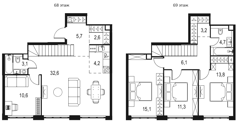 Планировка 5Е-к.кв 113 м² в ЖК «Левел Южнопортовая», корпус 1