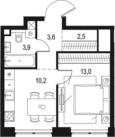 Планировка однокомнатная 33.2 м² в ЖК «Левел Звенигородская», корпус 1