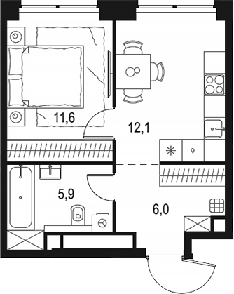Планировка однокомнатная 35.6 м² в ЖК «Левел Звенигородская», корпус 2