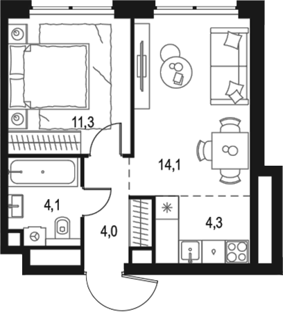 Планировка евродвушка (2Е) 37.8 м² в ЖК «Левел Звенигородская», корпус 2