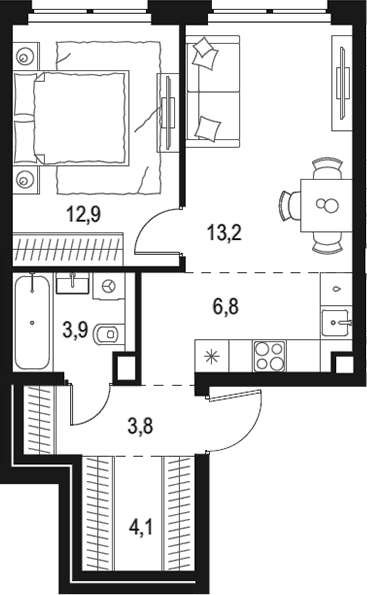 Планировка евродвушка (2Е) 44.7 м² в ЖК «Левел Звенигородская», корпус 1