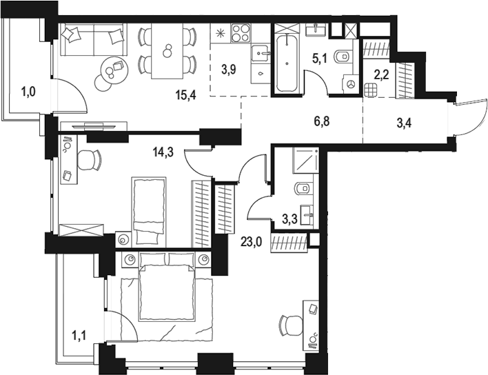 Планировка евротрёшка (3Е) 79.5 м² в ЖК «Левел Звенигородская», корпус 1