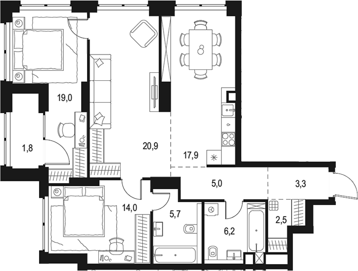 Планировка трёхкомнатная 96.3 м² в ЖК «Левел Звенигородская», корпус 1