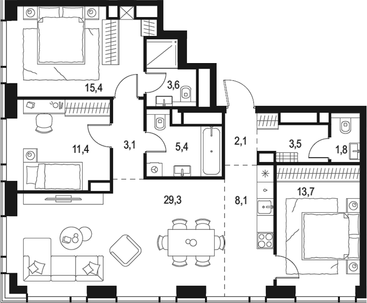 Планировка евро-4 (4Е) 97.4 м² в ЖК «Левел Звенигородская», корпус 1
