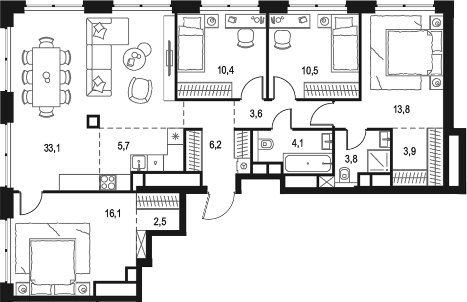 Планировка 5Е-к.кв 113.7 м² в ЖК «Левел Звенигородская», корпус 2