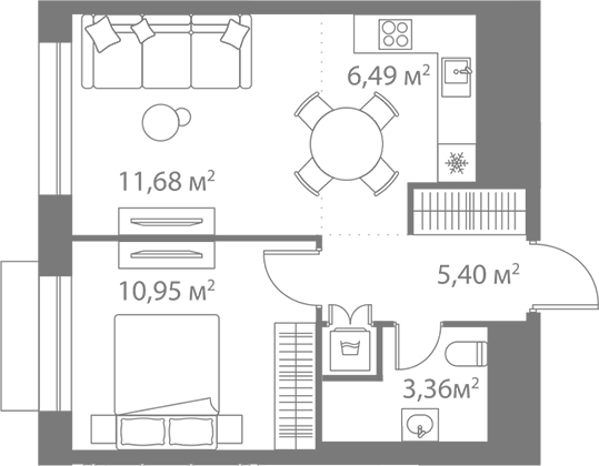 Планировка евродвушка (2Е) 37.88 м² в ЖК «Лайф Варшавская», корпус К6-1