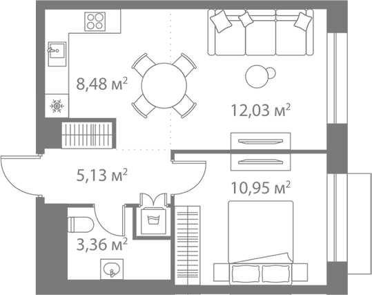 Планировка евродвушка (2Е) 39.95 м² в ЖК «Лайф Варшавская», корпус К6-1