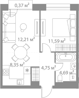 Планировка евродвушка (2Е) 41.96 м² в ЖК «Лайф Варшавская», корпус К6-2