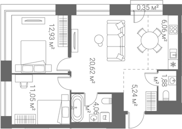 Планировка евротрёшка (3Е) 62.19 м² в ЖК «Лайф Варшавская», корпус К6-1