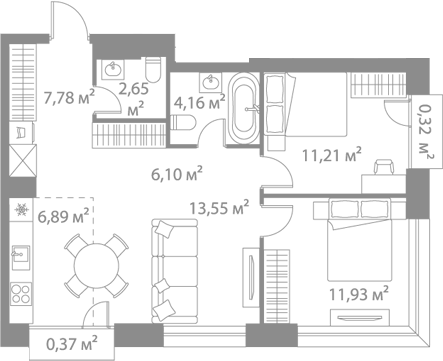 Планировка евротрёшка (3Е) 64.96 м² в ЖК «Лайф Варшавская», корпус К6-2