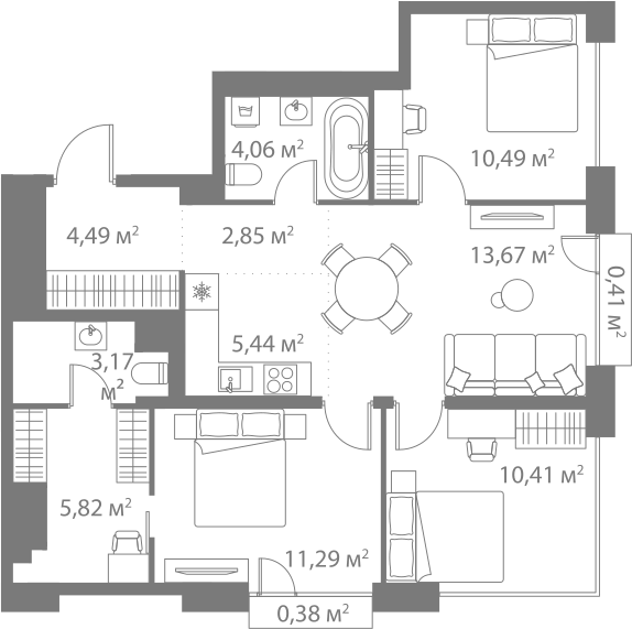 Планировка евро-4 (4Е) 72.48 м² в ЖК «Лайф Варшавская», корпус К6-1