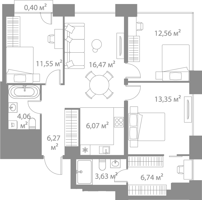 Планировка евро-4 (4Е) 81.1 м² в ЖК «Лайф Варшавская», корпус К6-1