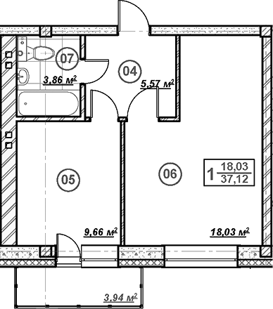 Планировка однокомнатная 38.14 м² в ЖК «Ликино», корпус 2