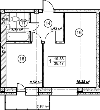 Планировка однокомнатная 39.65 м² в ЖК «Ликино», корпус 2