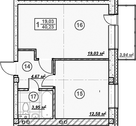 Планировка однокомнатная 41.41 м² в ЖК «Ликино», корпус 2