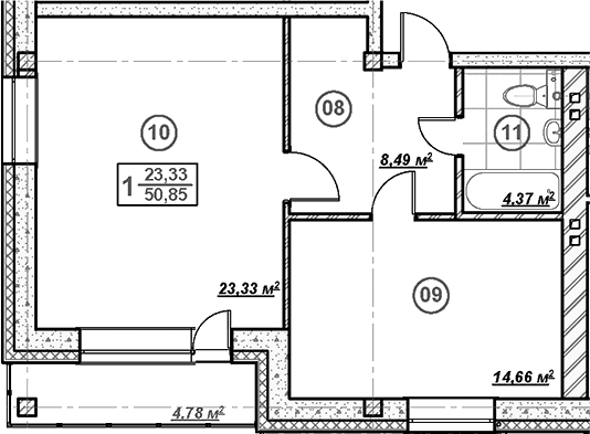 Планировка однокомнатная 53.24 м² в ЖК «Ликино», корпус 2