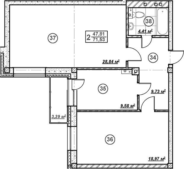 Планировка двухкомнатная 72.52 м² в ЖК «Ликино», корпус 2