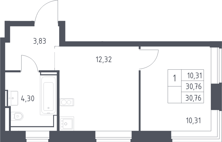 Планировка однокомнатная 30.76 м² в ЖК «Литературный Квартал», корпус 2