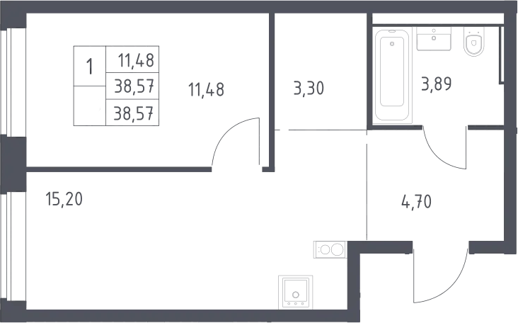Планировка евродвушка (2Е) 38.57 м² в ЖК «Литературный Квартал», корпус 2