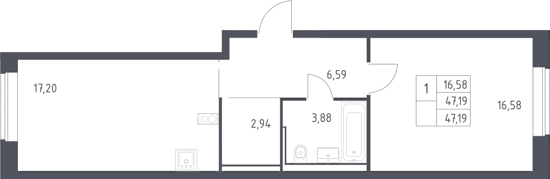 Планировка евродвушка (2Е) 47.2 м² в ЖК «Литературный Квартал», корпус 2