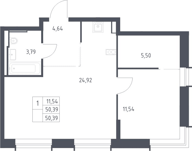 Планировка евродвушка (2Е) 50.39 м² в ЖК «Литературный Квартал», корпус 1