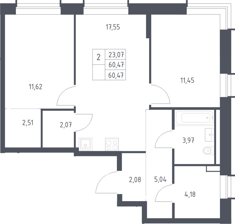 Планировка евротрёшка (3Е) 60.47 м² в ЖК «Литературный Квартал», корпус 1