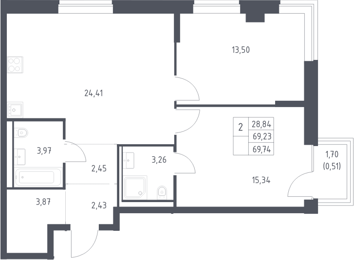 Планировка евротрёшка (3Е) 69.74 м² в ЖК «Литературный Квартал», корпус 1
