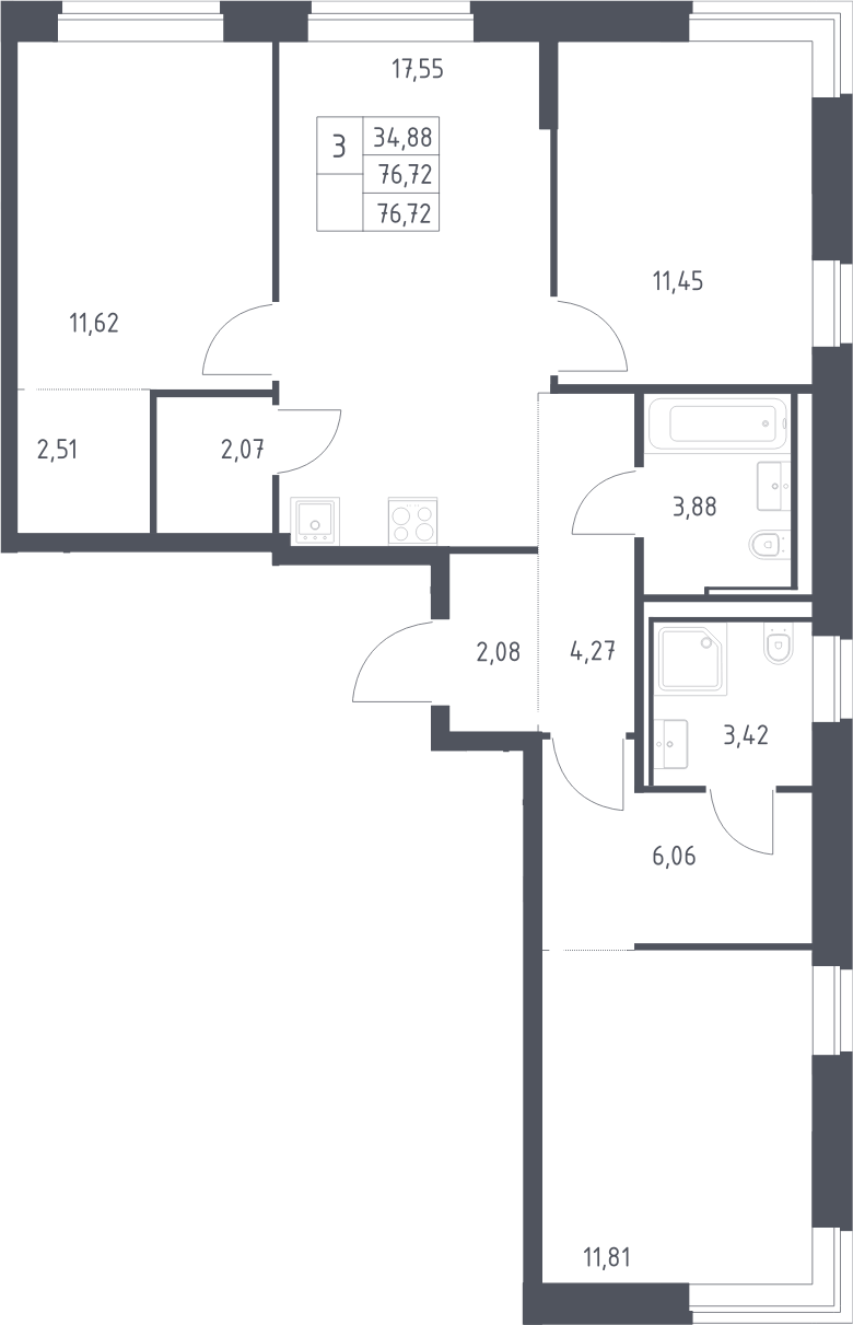 Планировка евро-4 (4Е) 76.72 м² в ЖК «Литературный Квартал», корпус 1