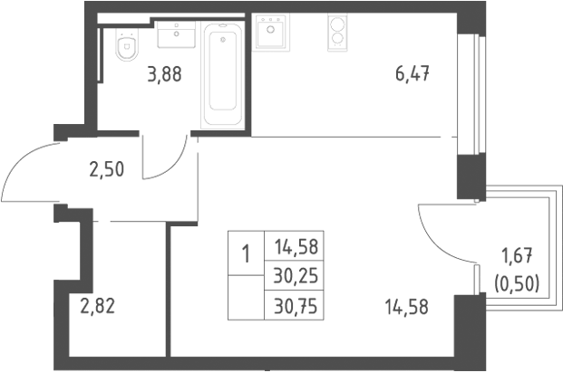 Планировка Студии 30.75 м² в ЖК «Литературный Квартал», корпус 2