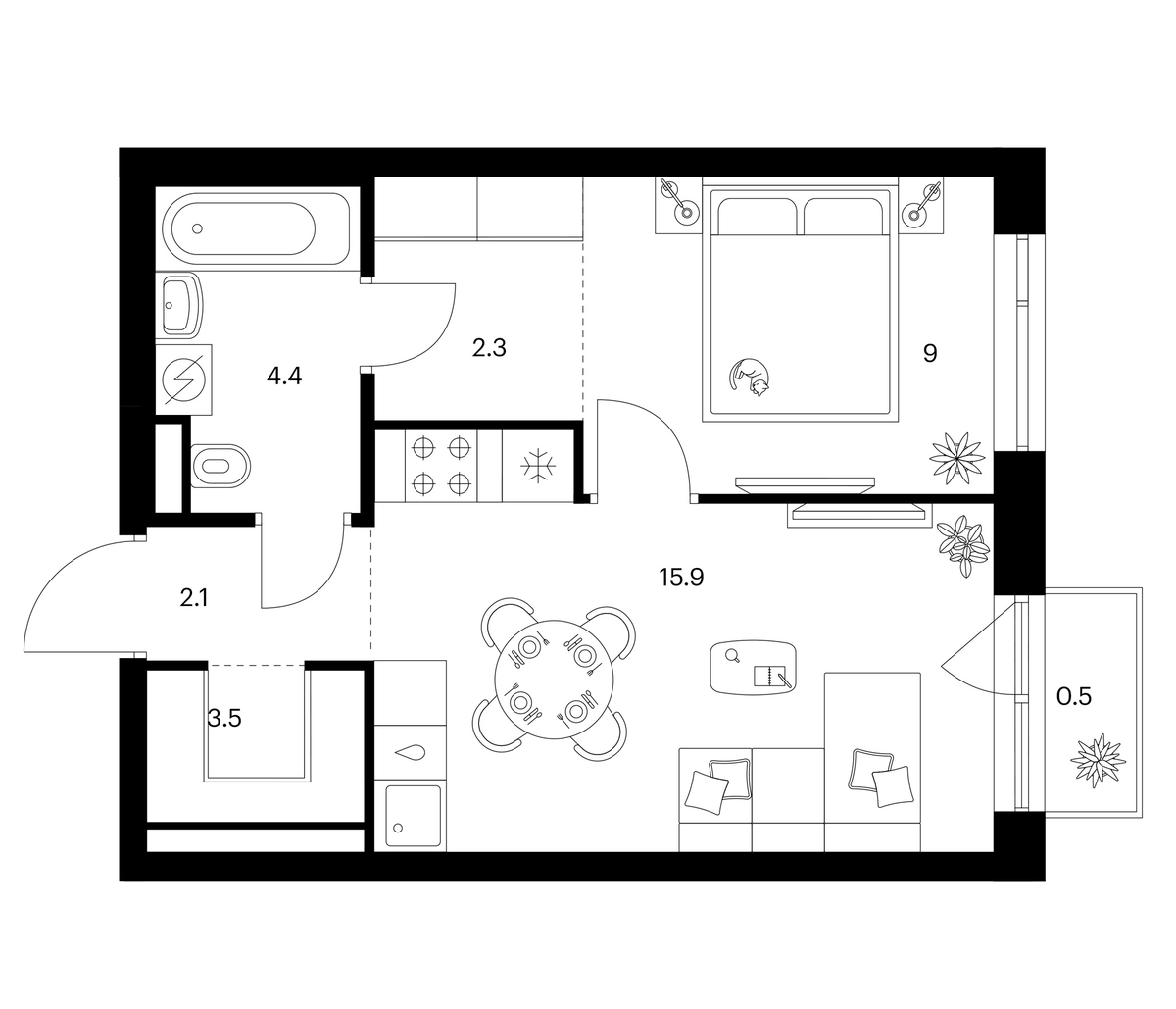 Планировка однокомнатная 37.7 м² в ЖК «Лосиноостровский парк», корпус 2.3