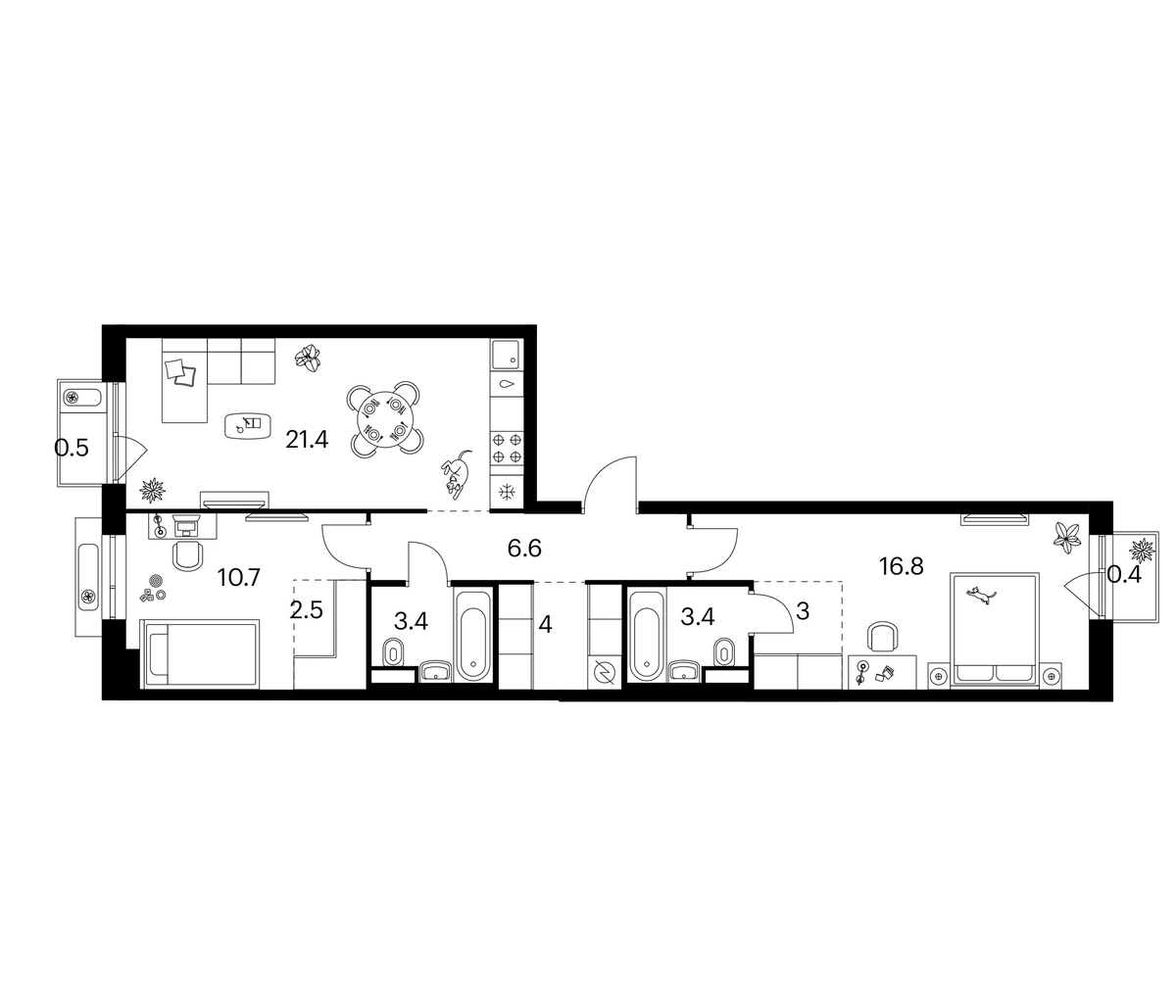 Планировка двухкомнатная 72.7 м² в ЖК «Лосиноостровский парк», корпус 2.3