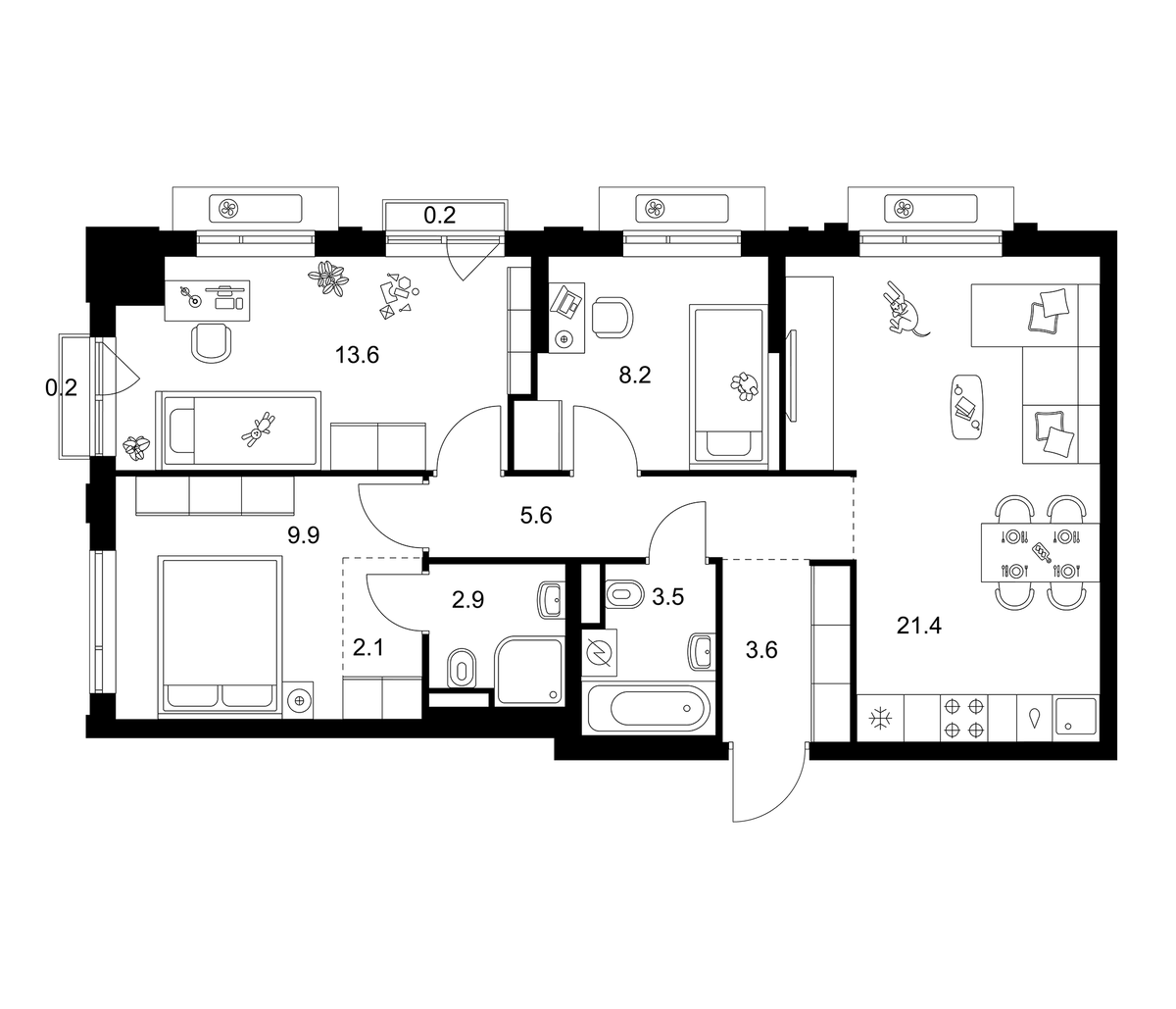Планировка трёхкомнатная 71.2 м² в ЖК «Лосиноостровский парк», корпус 2.3