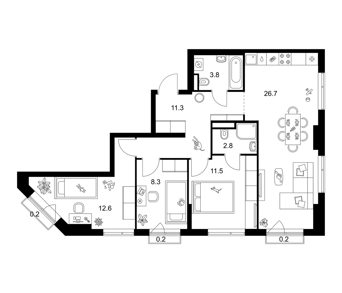 Планировка трёхкомнатная 77.6 м² в ЖК «Лосиноостровский парк», корпус 2.3
