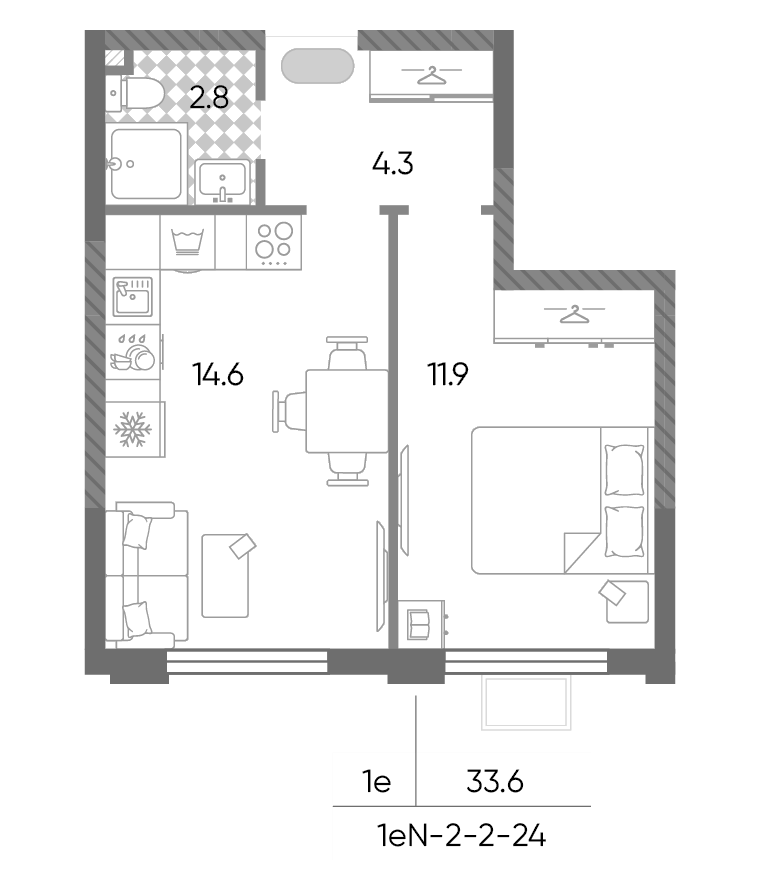Планировка евродвушка (2Е) 33.6 м² в ЖК «Лучи», корпус 7