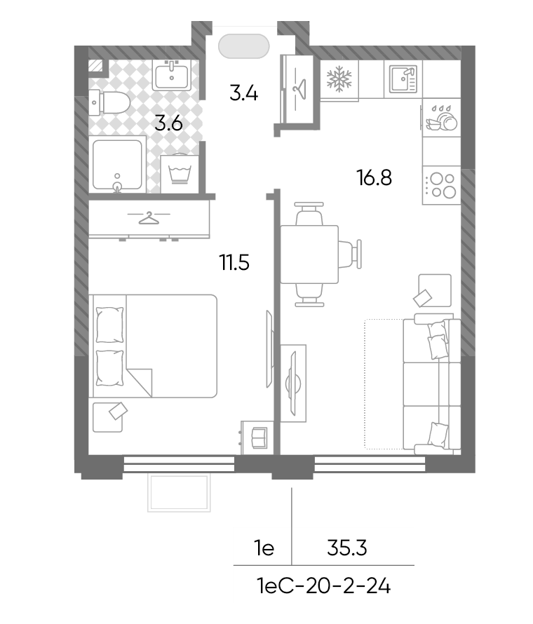 Планировка евродвушка (2Е) 35.3 м² в ЖК «Лучи», корпус 7