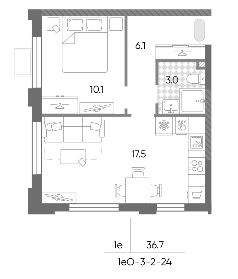 Планировка евродвушка (2Е) 36.7 м² в ЖК «Лучи», корпус 7